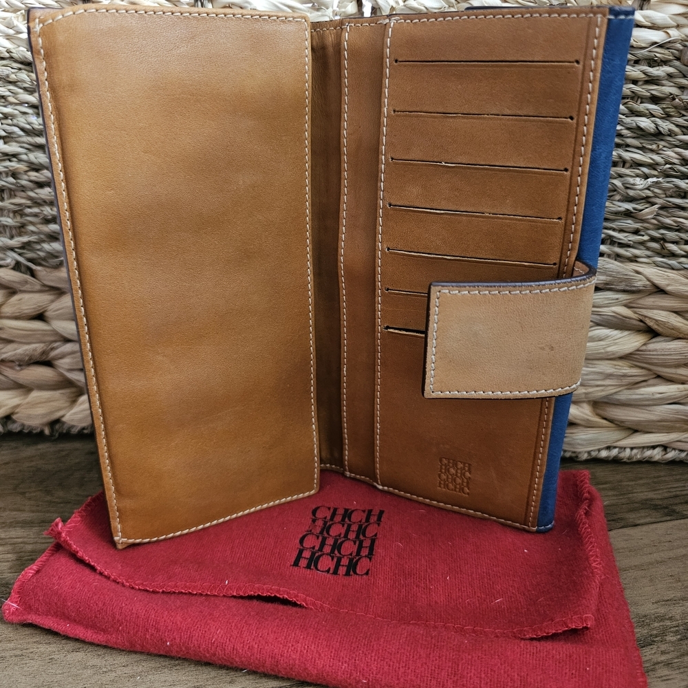 Carolina Herrera Tan Blue Wallet Monogram Quiet Luxury Boho Chic Summer - Picture 3 of 3